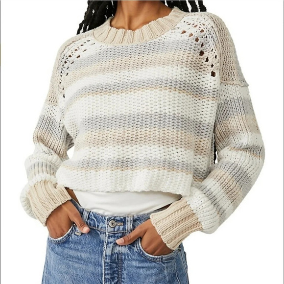 Free People Devon Open Knit Crewneck Cropped Sweater Neutral Stripes Medium - Picture 1 of 14